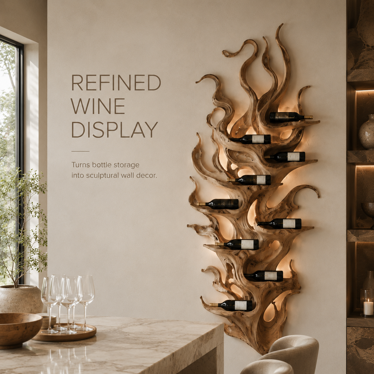 Solid Wood Wall Wine Rack with Glass Holder - River Form - product image 07
