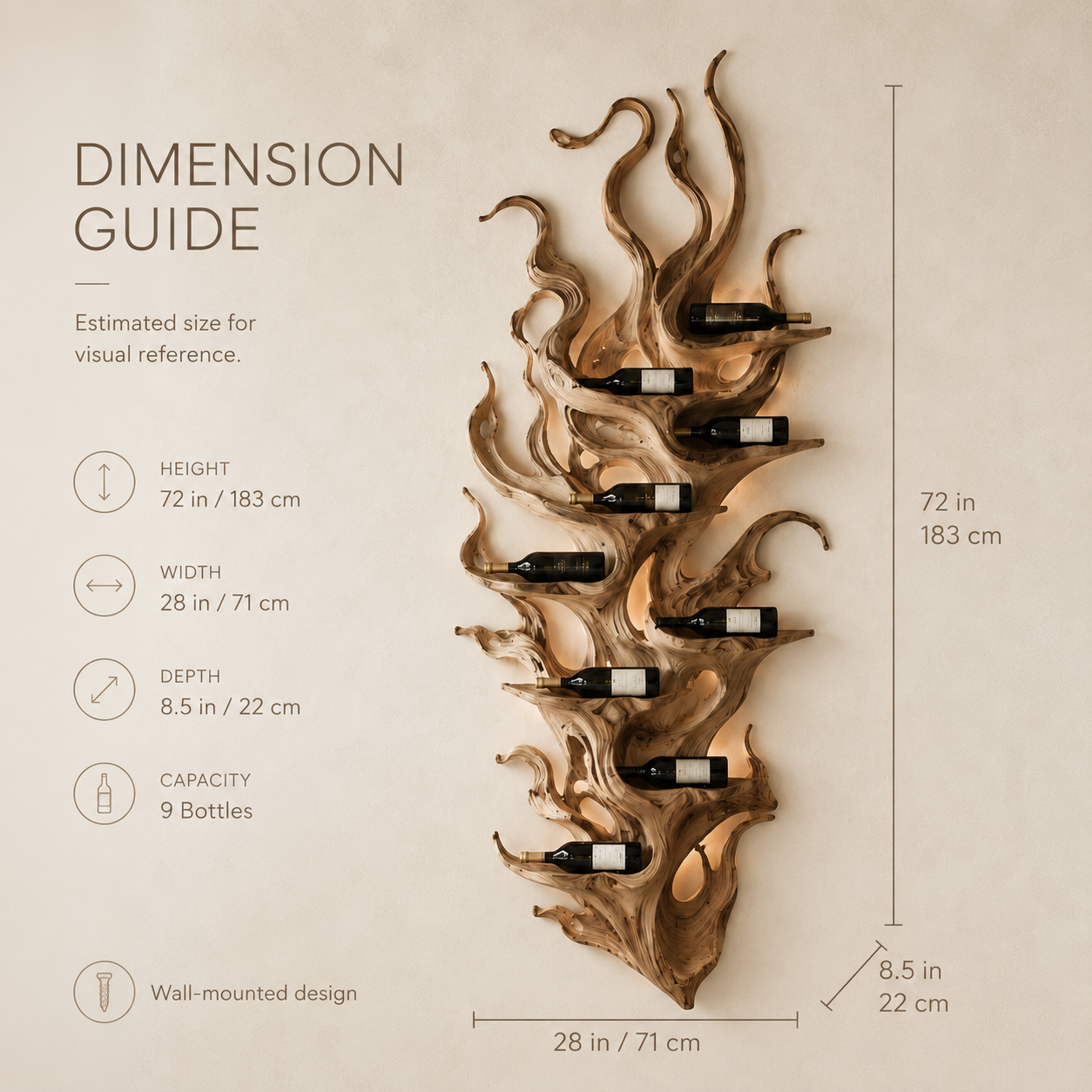 Solid Wood Wall Wine Rack with Glass Holder - River Form - product image 08