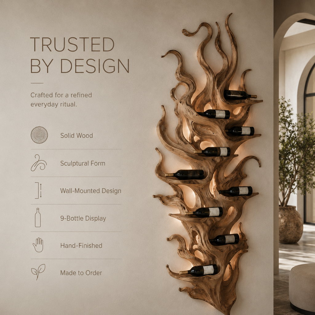 Solid Wood Wall Wine Rack with Glass Holder - River Form - product image 09