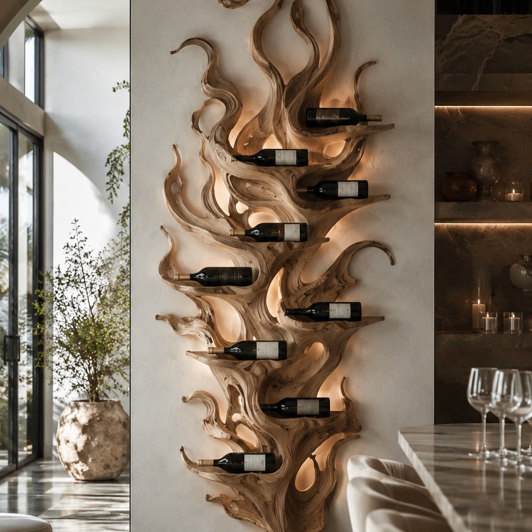 Solid Wood Wall Wine Rack with Glass Holder - River Form - Design 169 - square cover image