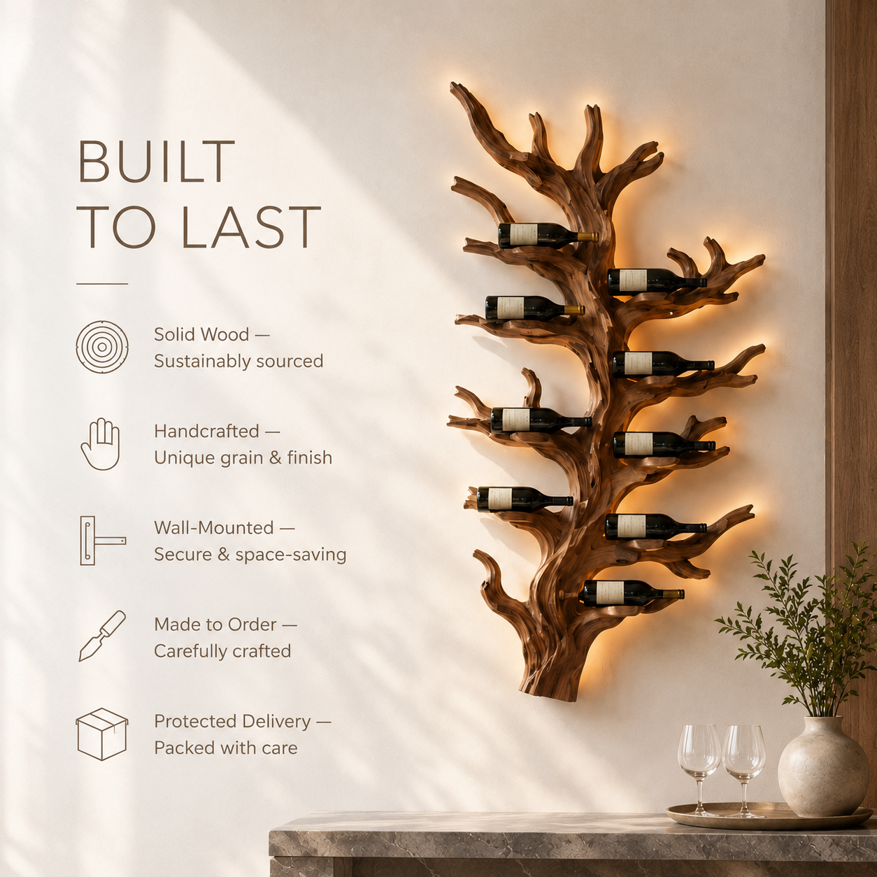 Solid Wood Wall Wine Rack with Glass Holder - Gallery Wave - product image 09