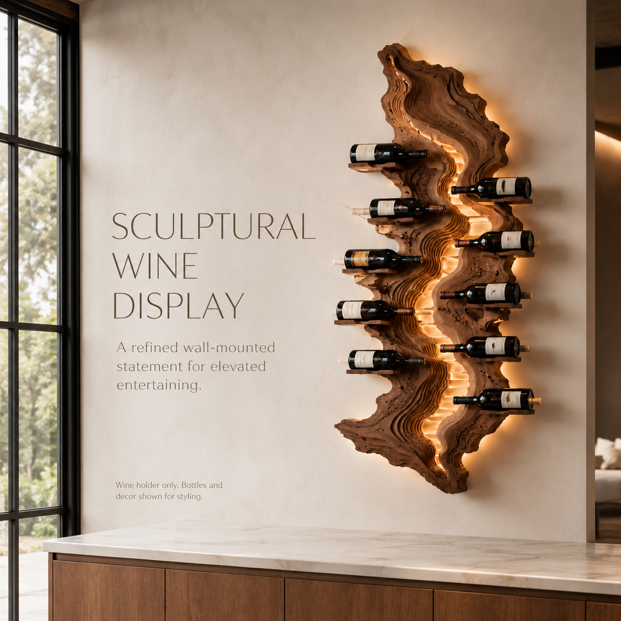 Solid Wood Wall Wine Rack with Glass Holder - Carved Halo - product image 02