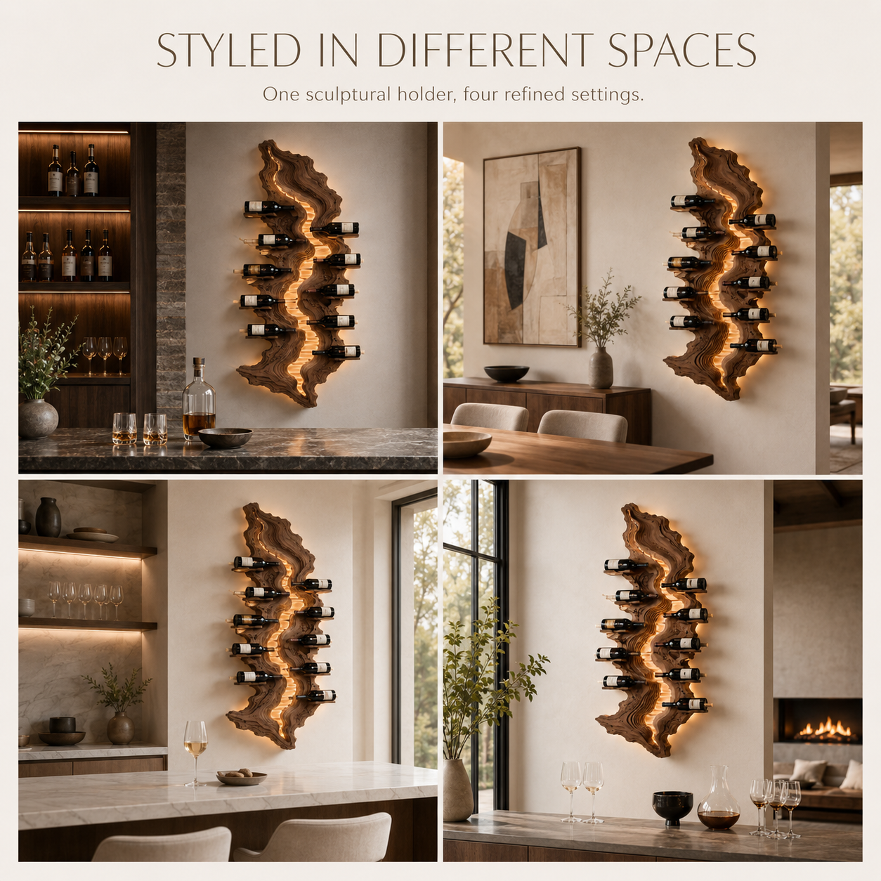 Solid Wood Wall Wine Rack with Glass Holder - Carved Halo - product image 03