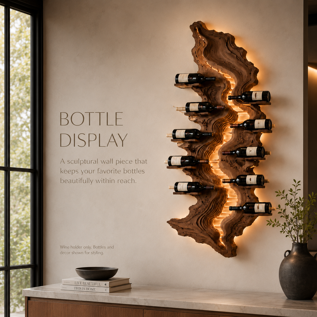 Solid Wood Wall Wine Rack with Glass Holder - Carved Halo - product image 04