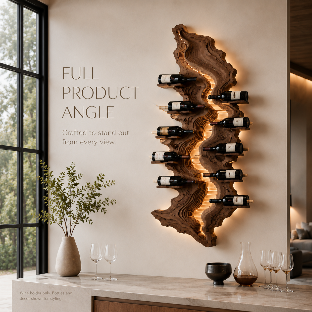 Solid Wood Wall Wine Rack with Glass Holder - Carved Halo - product image 05