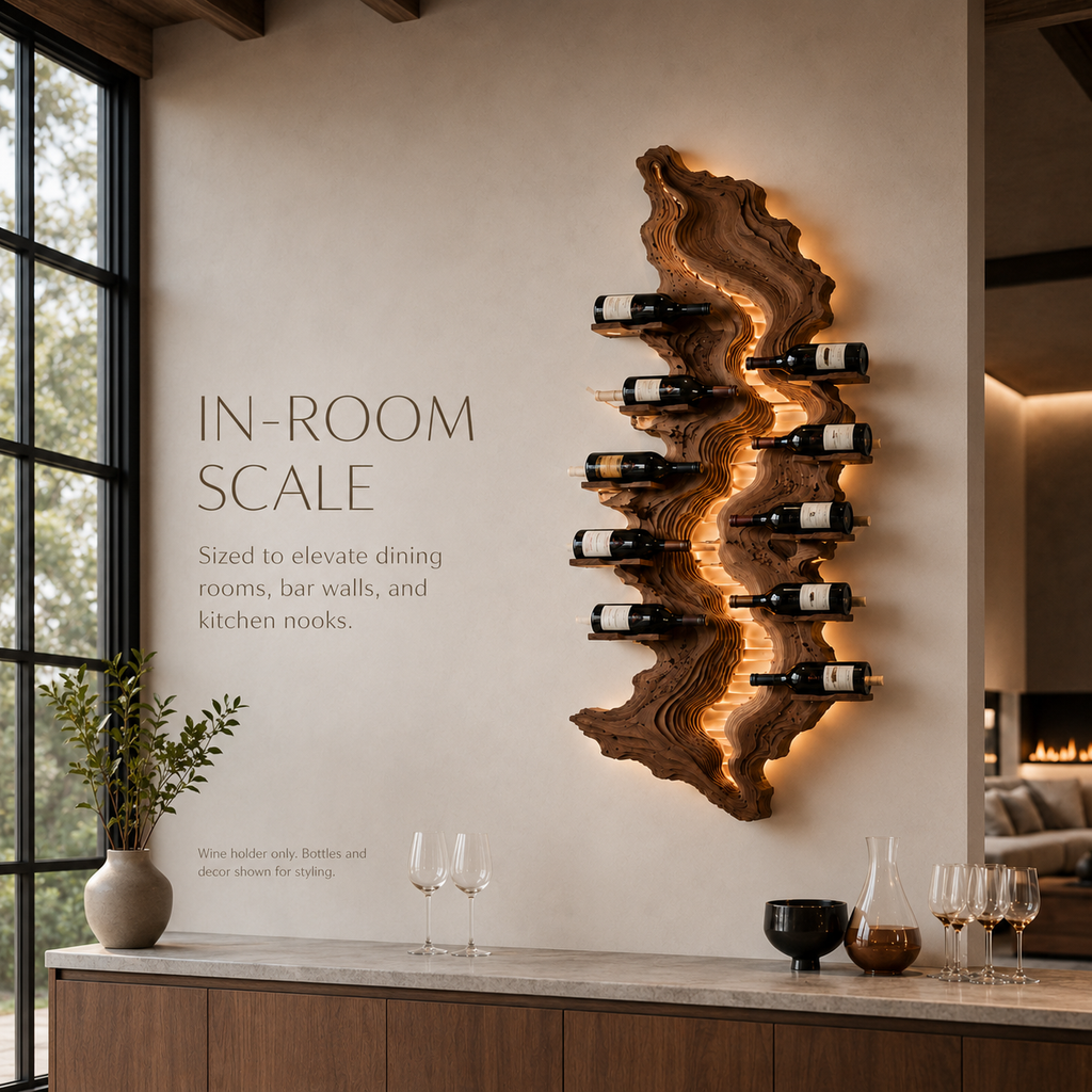 Solid Wood Wall Wine Rack with Glass Holder - Carved Halo - product image 06