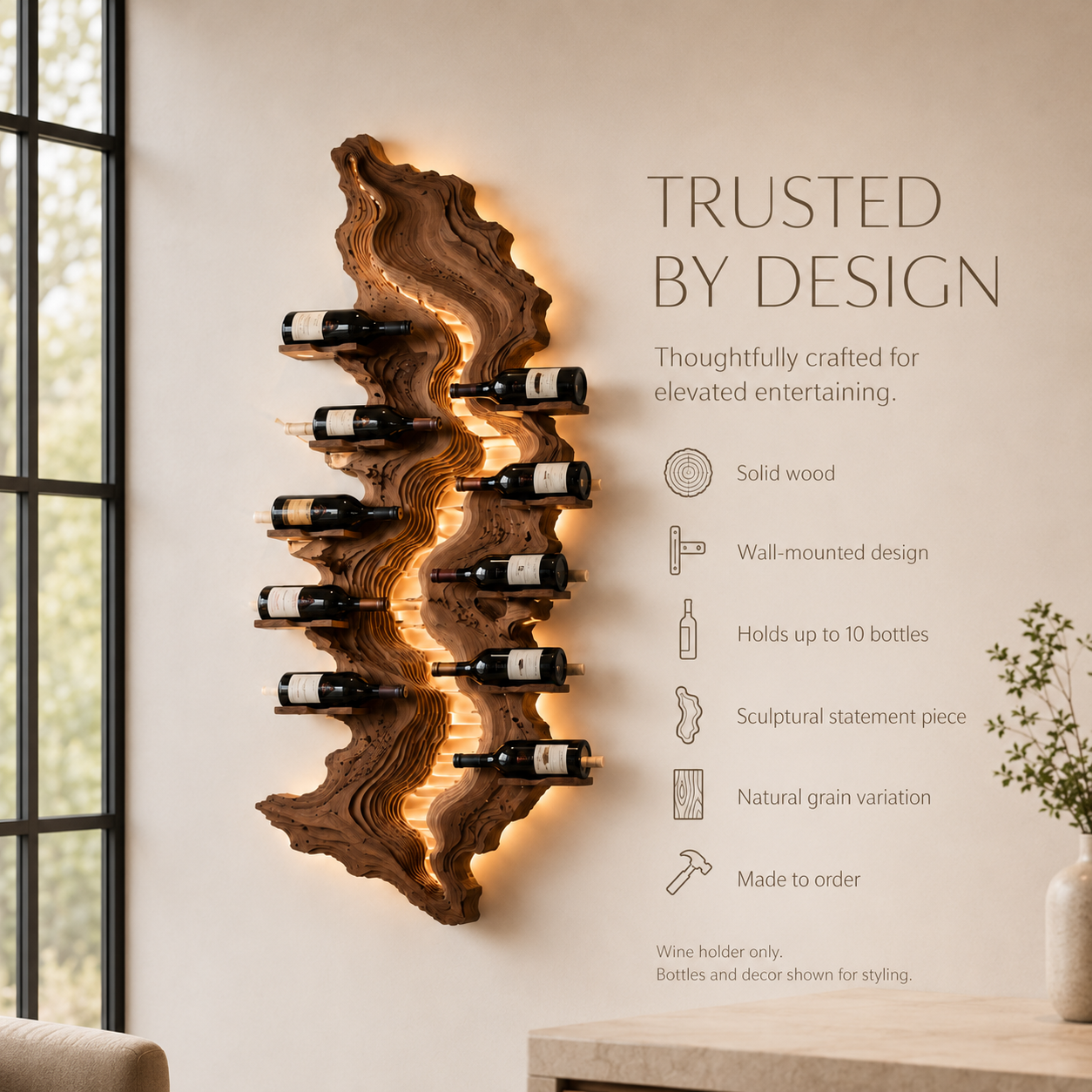 Solid Wood Wall Wine Rack with Glass Holder - Carved Halo - product image 09