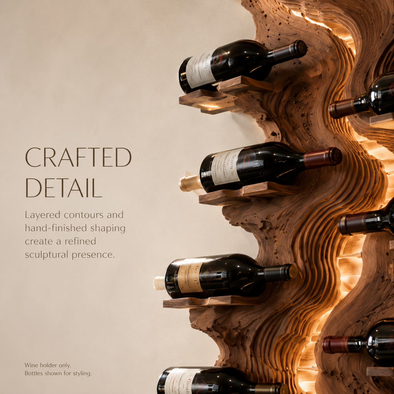 Solid Wood Wall Wine Rack with Glass Holder - Carved Halo - product image 11