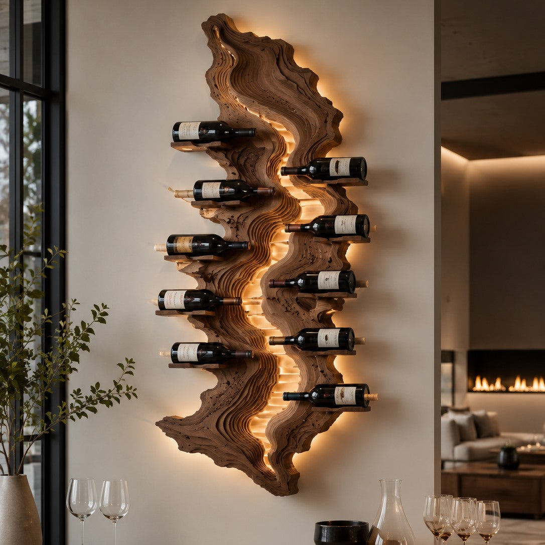 Solid Wood Wall Wine Rack with Glass Holder - Carved Halo - Design 172 - square cover image
