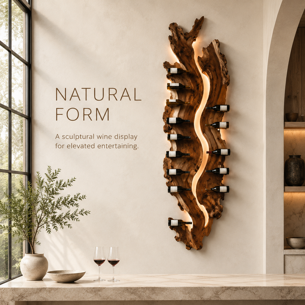 Solid Wood Wall Wine Rack with Glass Holder - Root Form - product image 02
