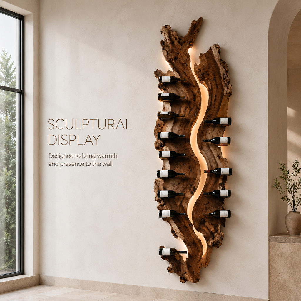 Solid Wood Wall Wine Rack with Glass Holder - Root Form - product image 03