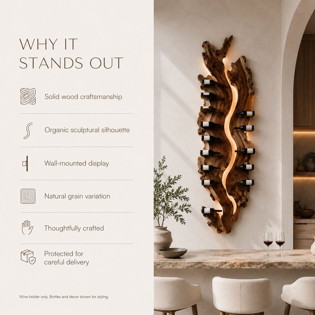 Solid Wood Wall Wine Rack with Glass Holder - Root Form - product image 09