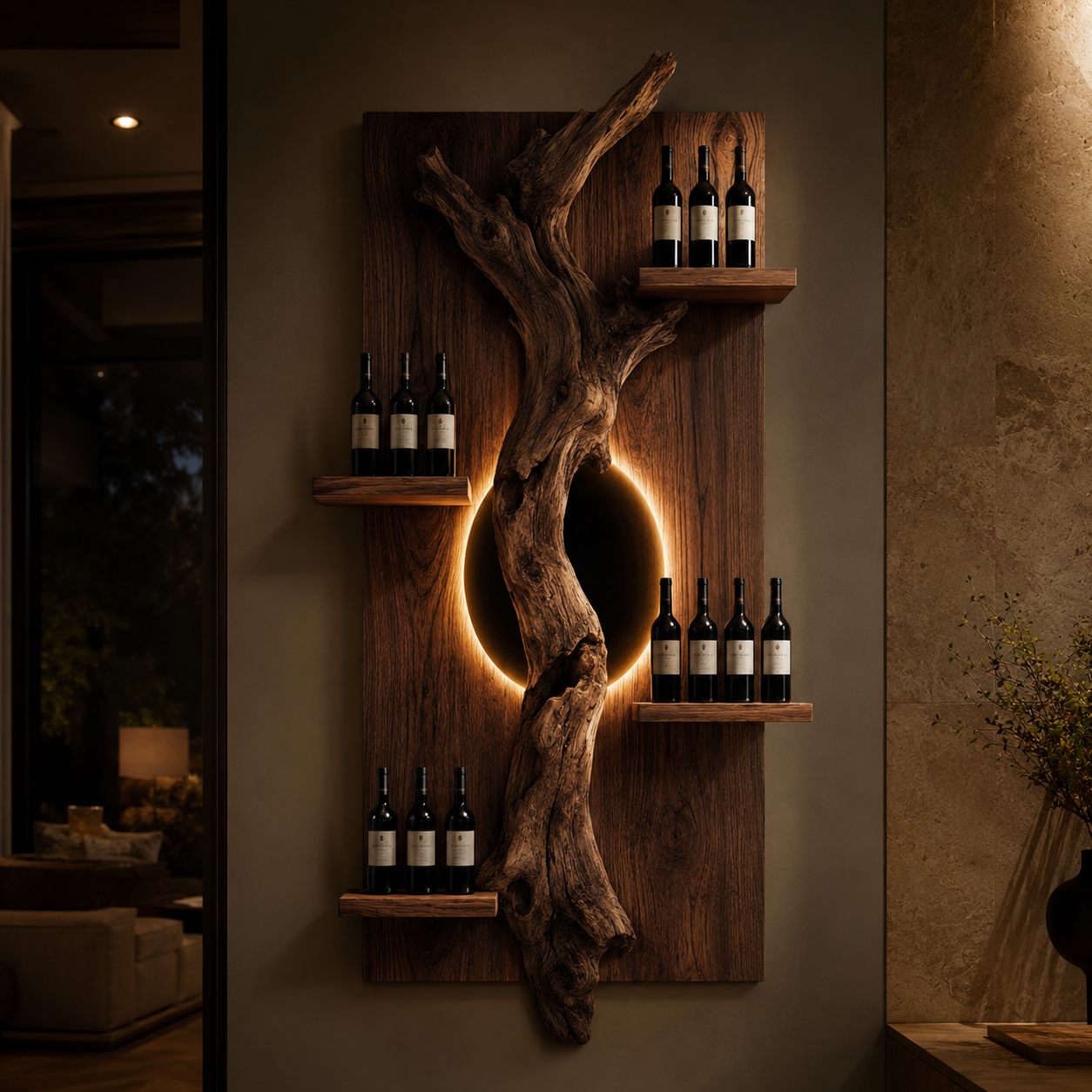 Solid Wood Wall Wine Rack with Glass Holder - Driftwood Curve - main view