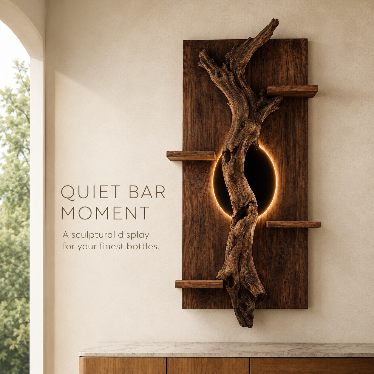 Solid Wood Wall Wine Rack with Glass Holder - Driftwood Curve - product image 02