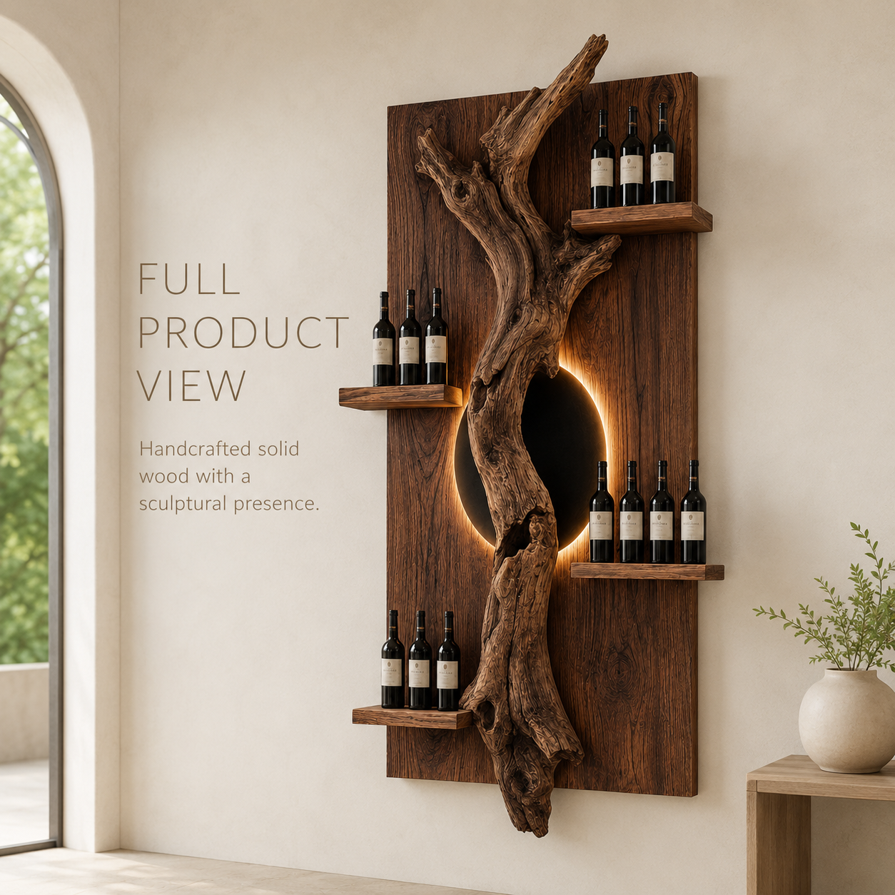 Solid Wood Wall Wine Rack with Glass Holder - Driftwood Curve - product image 03