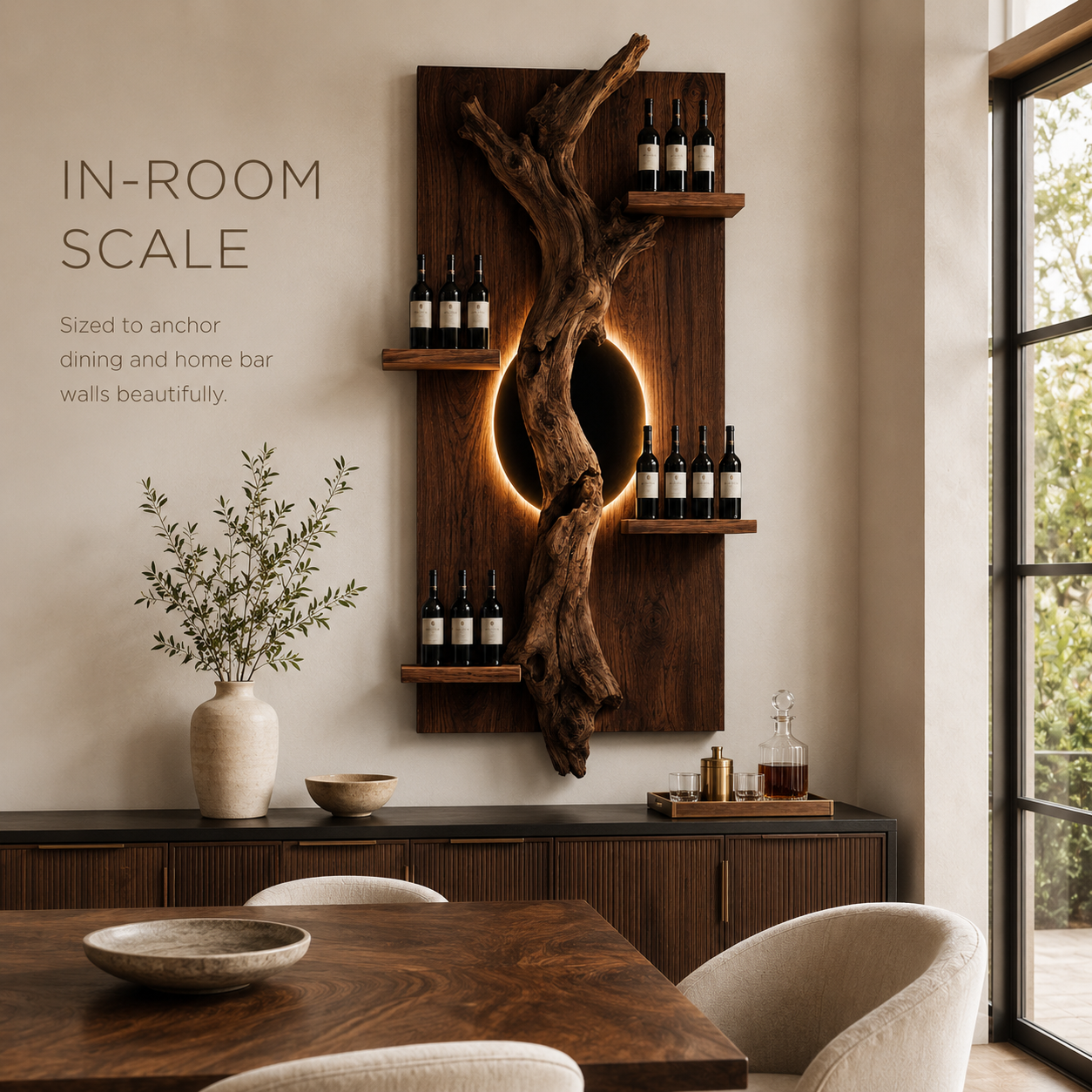 Solid Wood Wall Wine Rack with Glass Holder - Driftwood Curve - product image 04