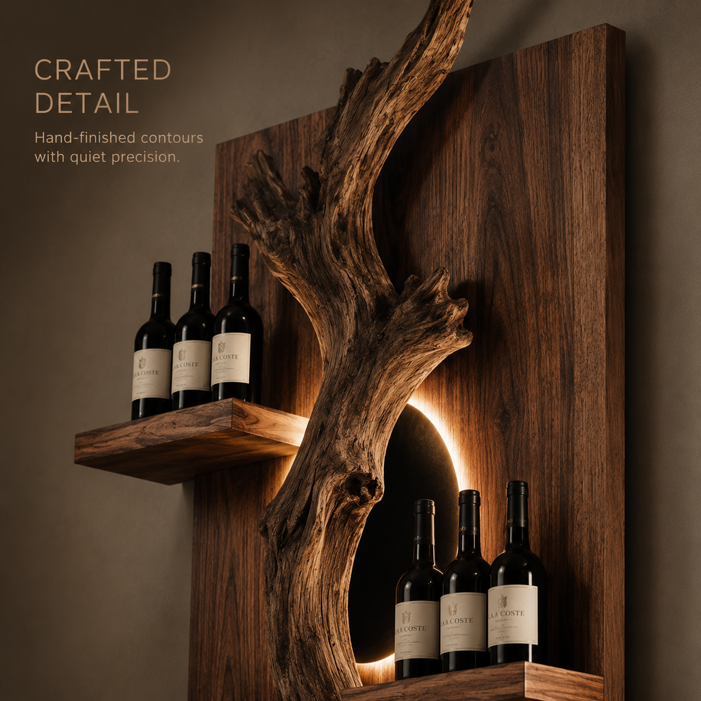 Solid Wood Wall Wine Rack with Glass Holder - Driftwood Curve - product image 06