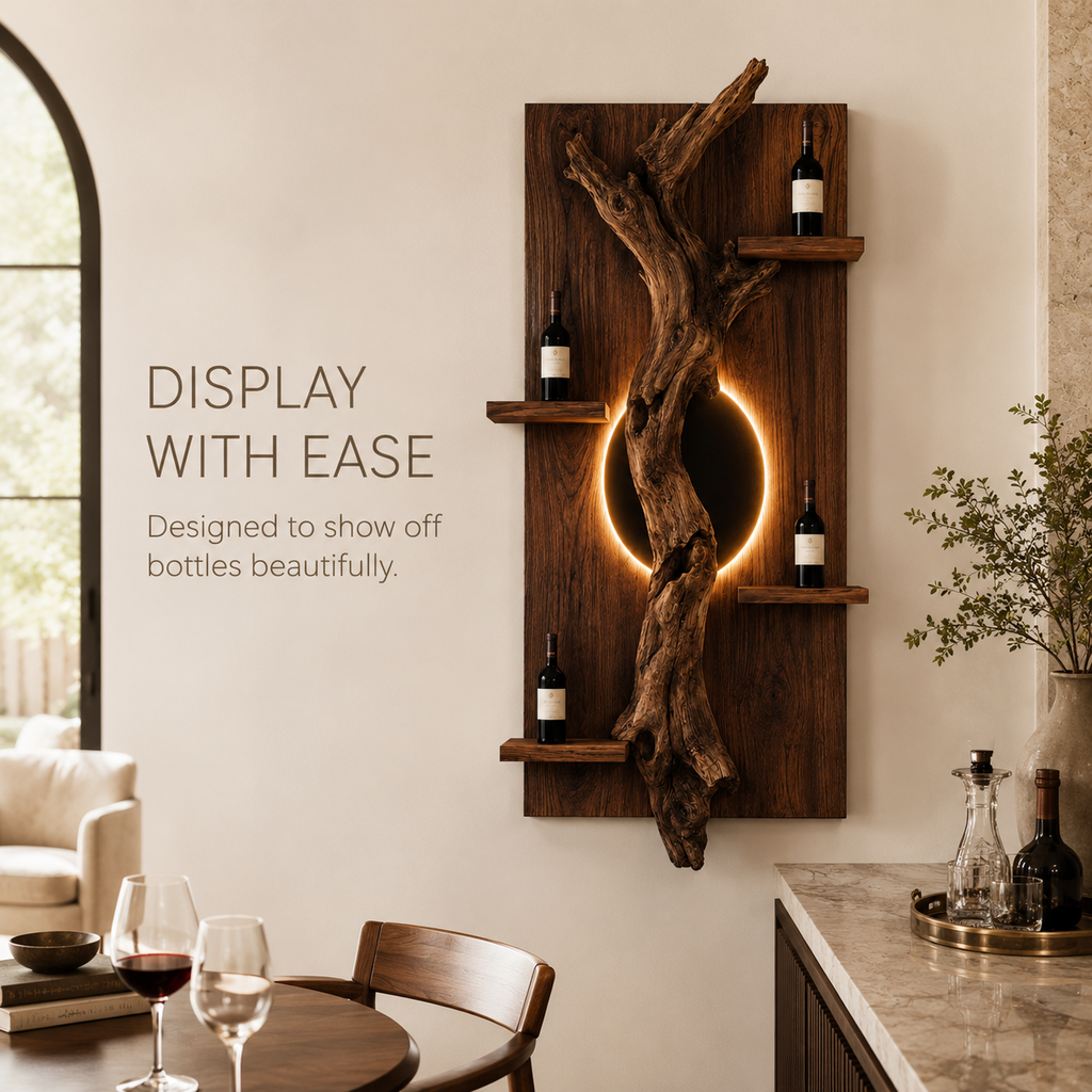 Solid Wood Wall Wine Rack with Glass Holder - Driftwood Curve - product image 07