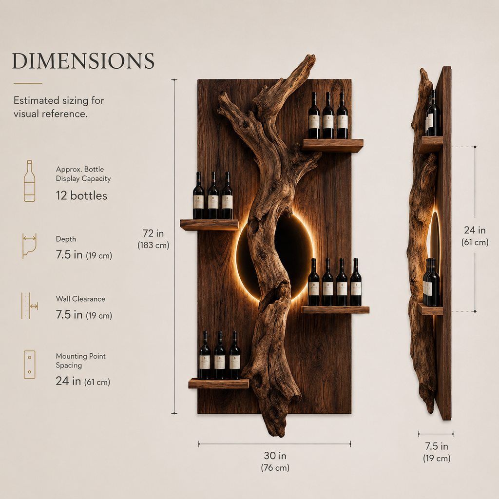 Solid Wood Wall Wine Rack with Glass Holder - Driftwood Curve - product image 08