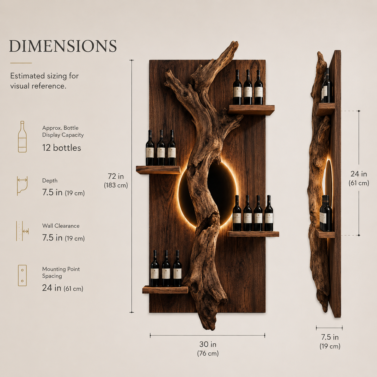 Solid Wood Wall Wine Rack with Glass Holder - Driftwood Curve - product image 08