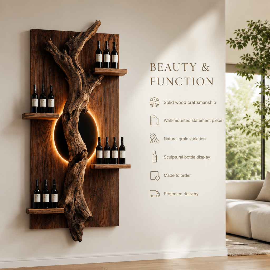 Solid Wood Wall Wine Rack with Glass Holder - Driftwood Curve - product image 09