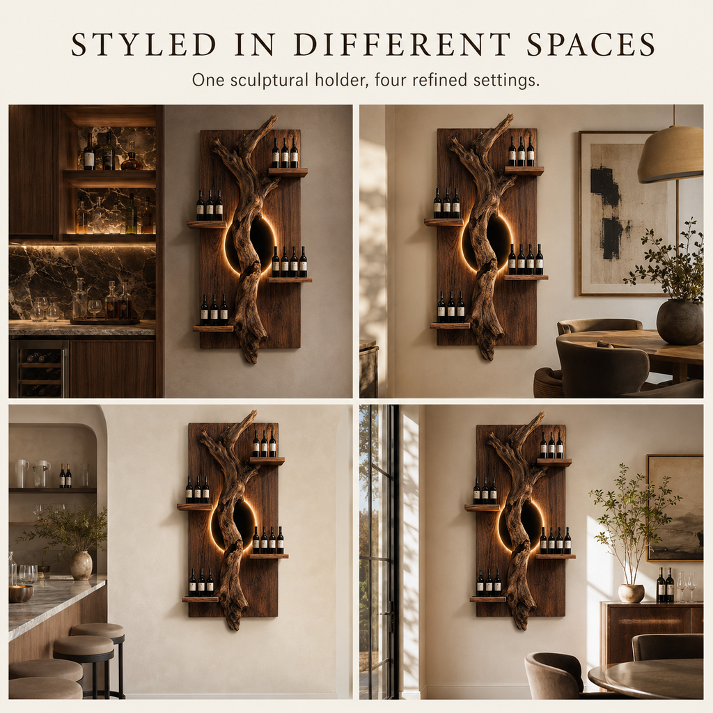 Solid Wood Wall Wine Rack with Glass Holder - Driftwood Curve - product image 10