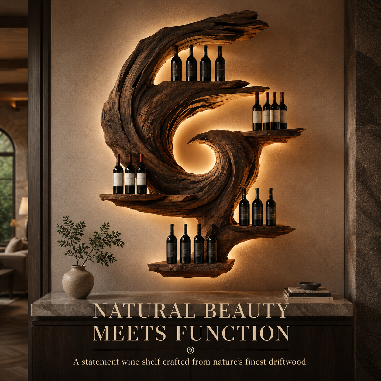 Solid Wood Wall Wine Rack with Glass Holder - Sculptural Flame - product image 02
