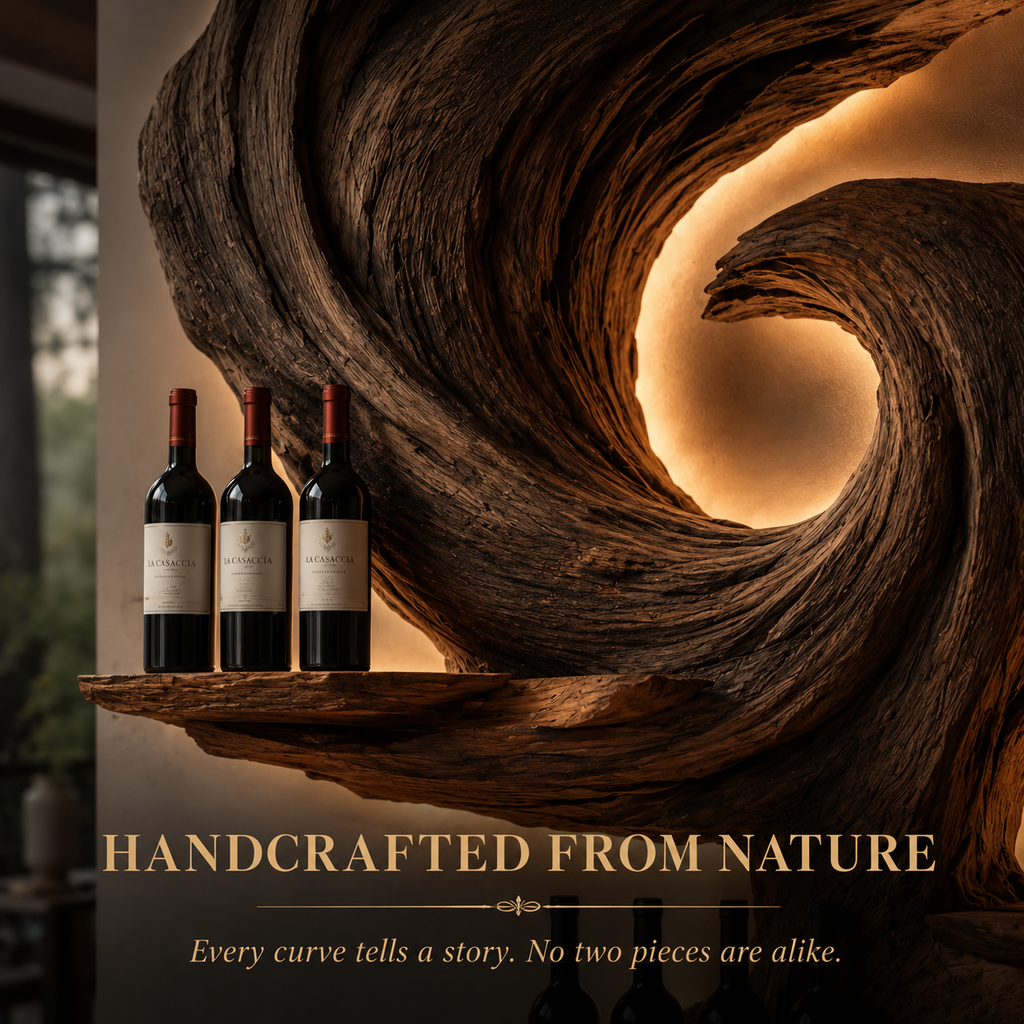 Solid Wood Wall Wine Rack with Glass Holder - Sculptural Flame - product image 03