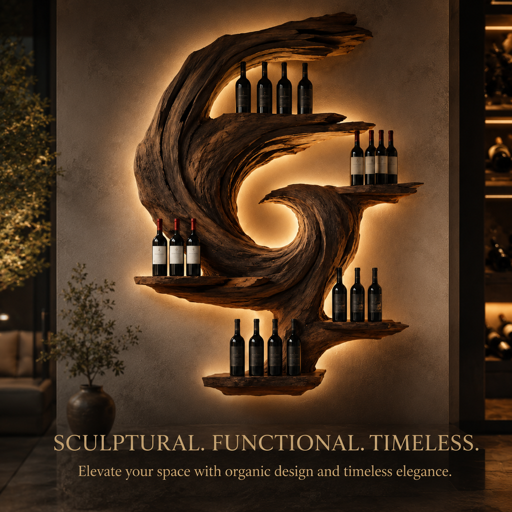 Solid Wood Wall Wine Rack with Glass Holder - Sculptural Flame - product image 04