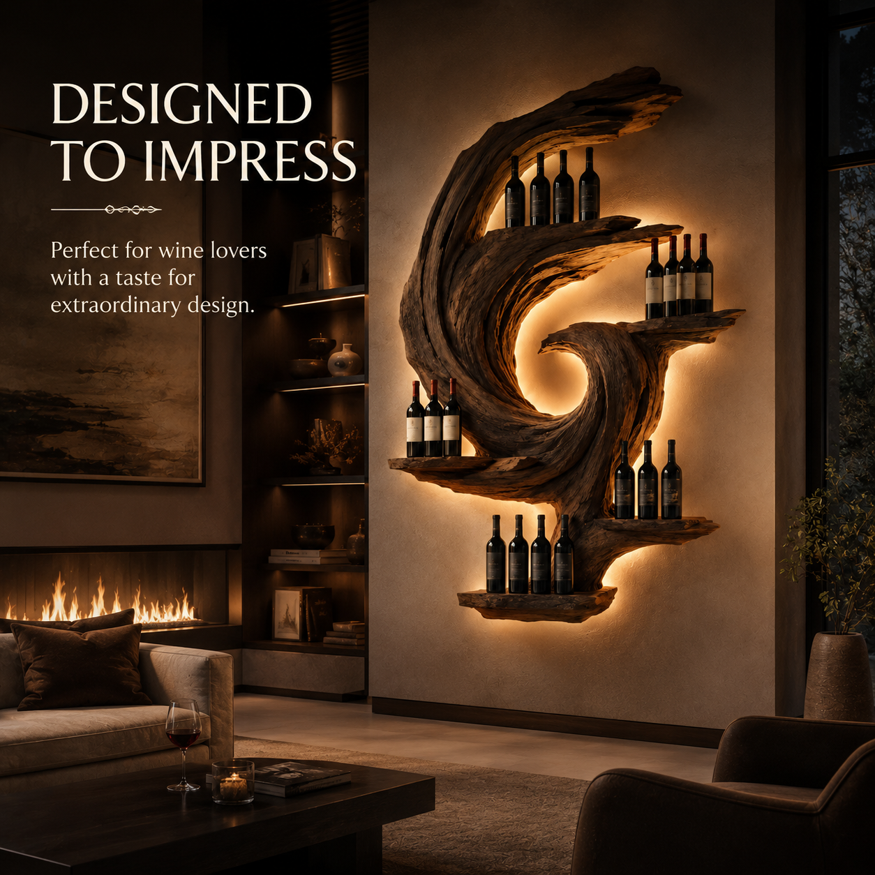 Solid Wood Wall Wine Rack with Glass Holder - Sculptural Flame - product image 05