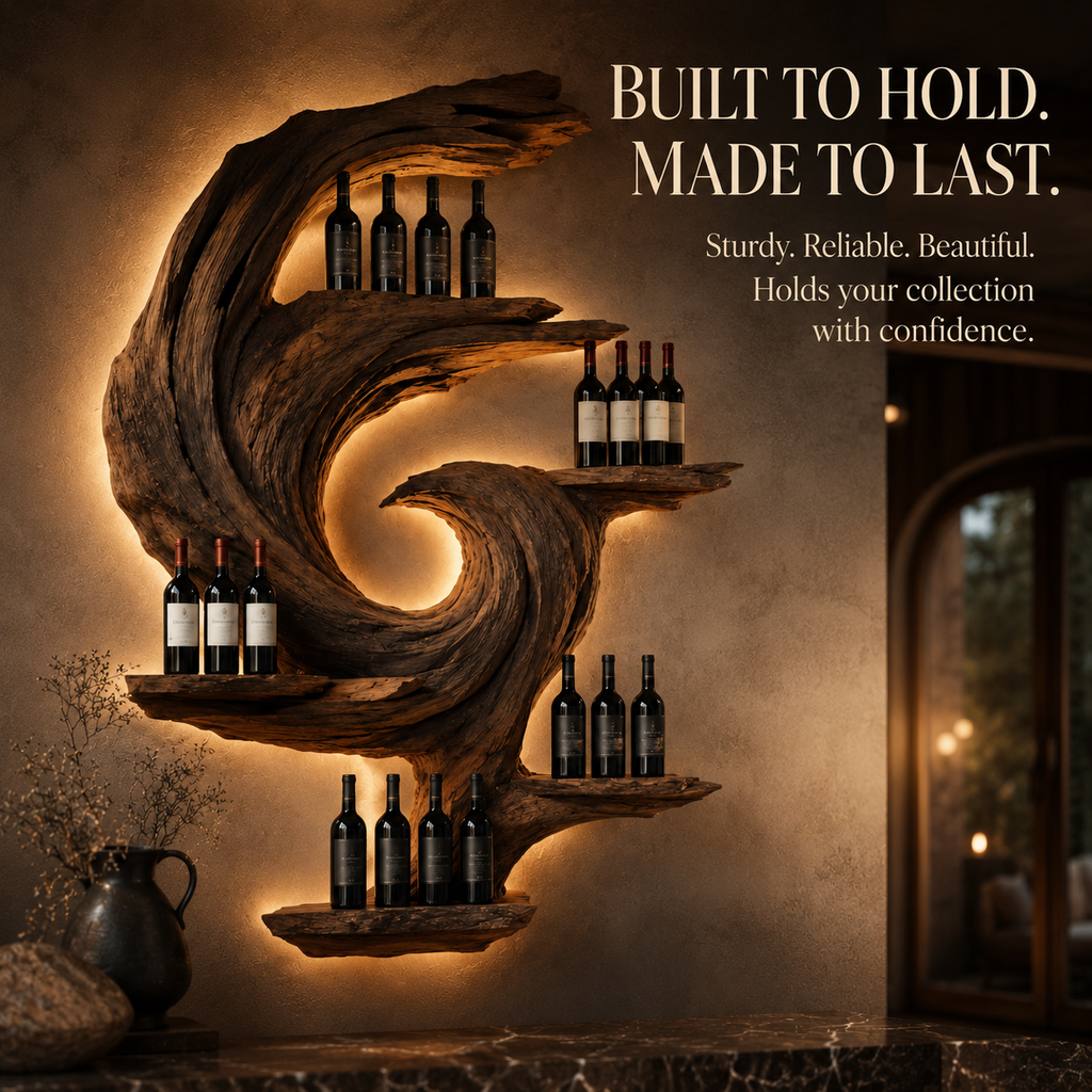 Solid Wood Wall Wine Rack with Glass Holder - Sculptural Flame - product image 06
