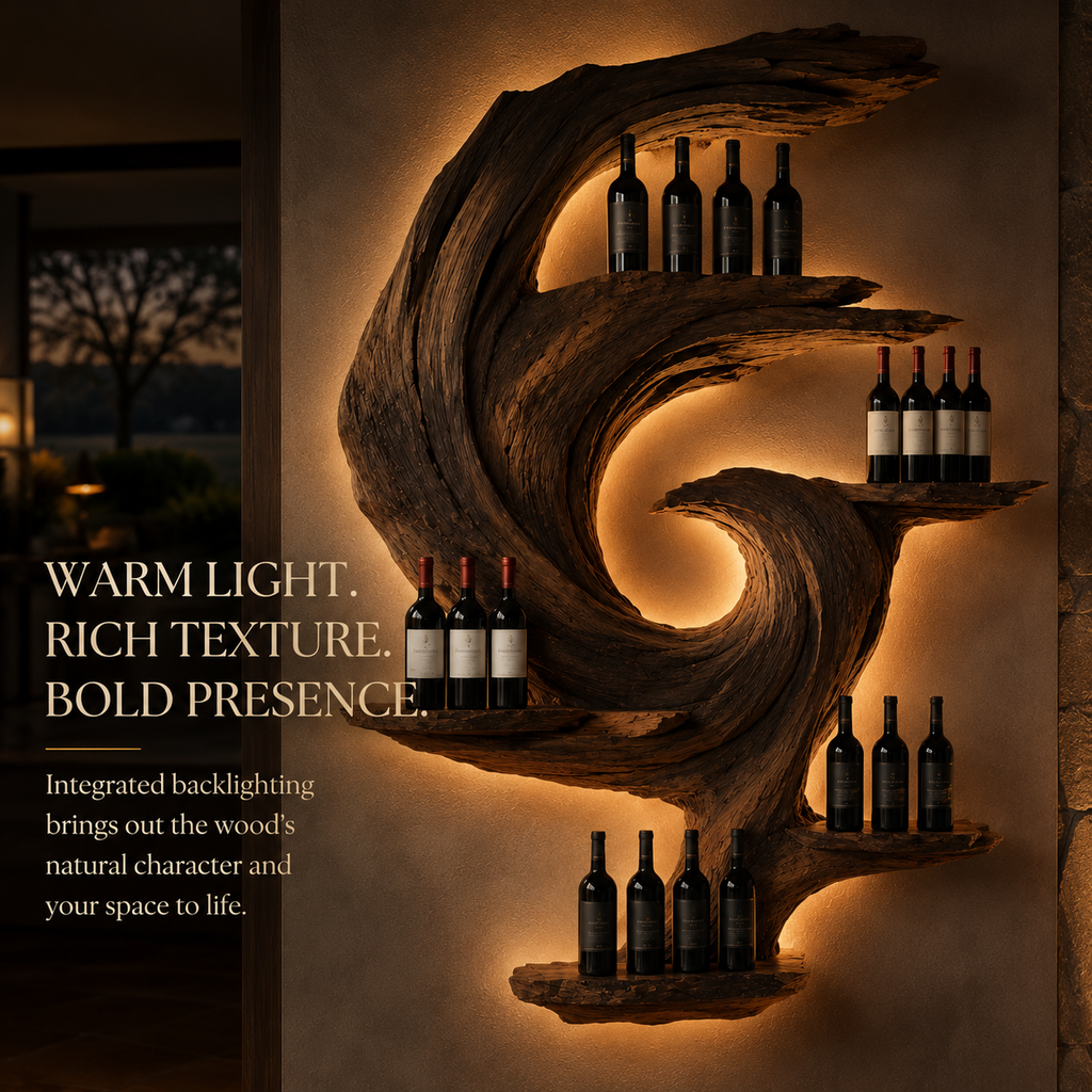 Solid Wood Wall Wine Rack with Glass Holder - Sculptural Flame - product image 07
