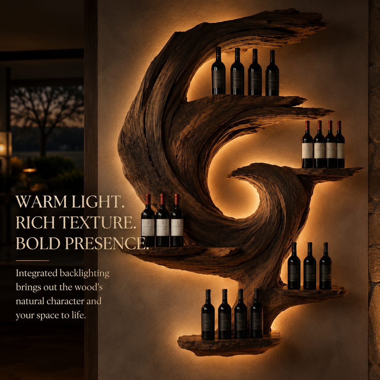 Solid Wood Wall Wine Rack with Glass Holder - Sculptural Flame - product image 07