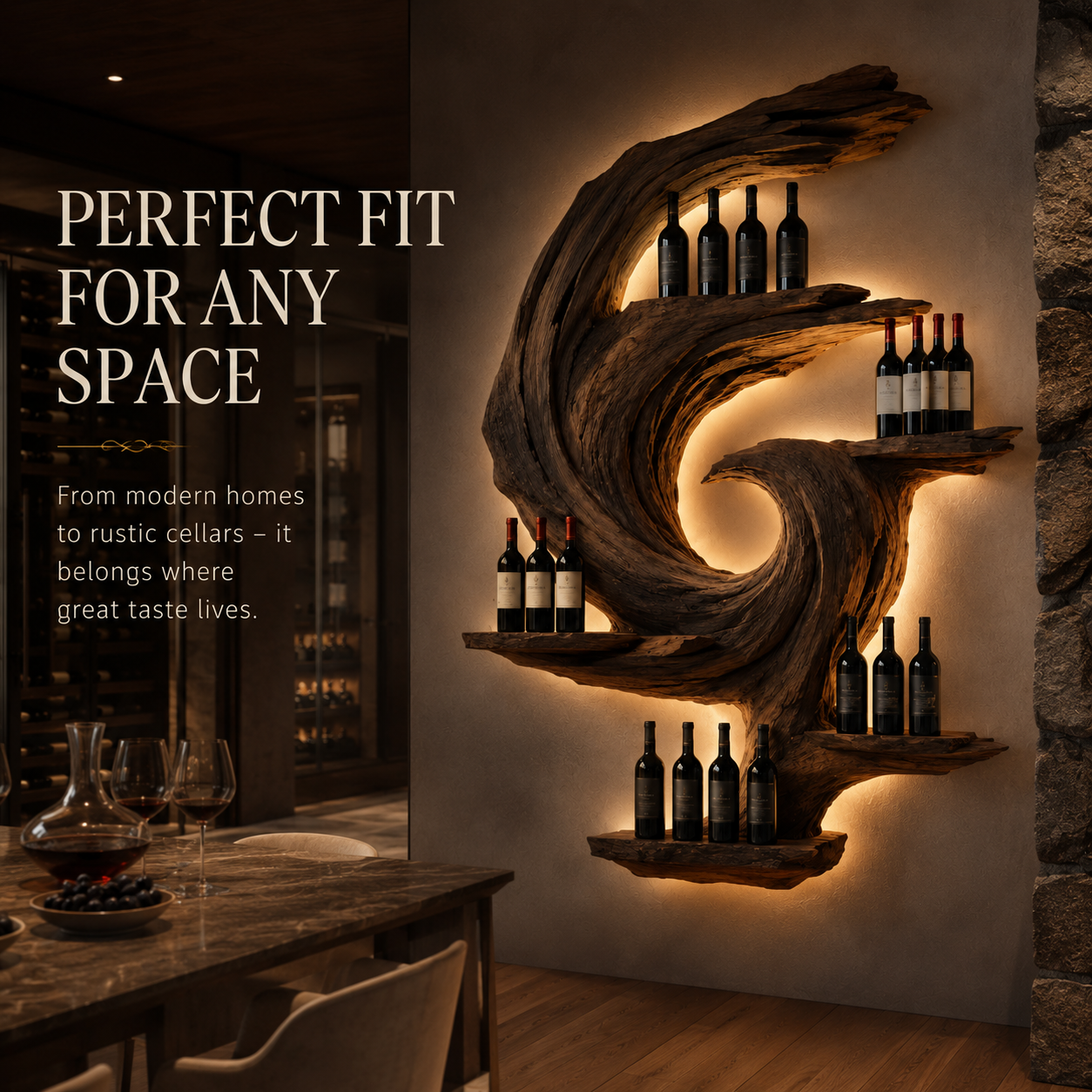 Solid Wood Wall Wine Rack with Glass Holder - Sculptural Flame - product image 08