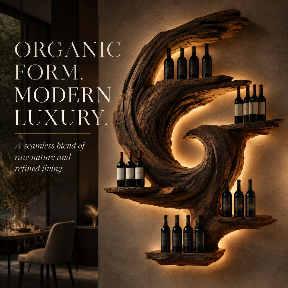Solid Wood Wall Wine Rack with Glass Holder - Sculptural Flame - product image 09