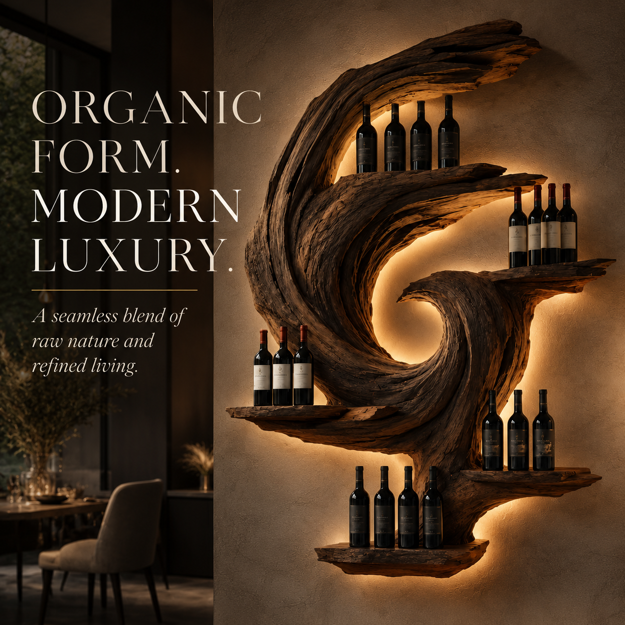 Solid Wood Wall Wine Rack with Glass Holder - Sculptural Flame - product image 09