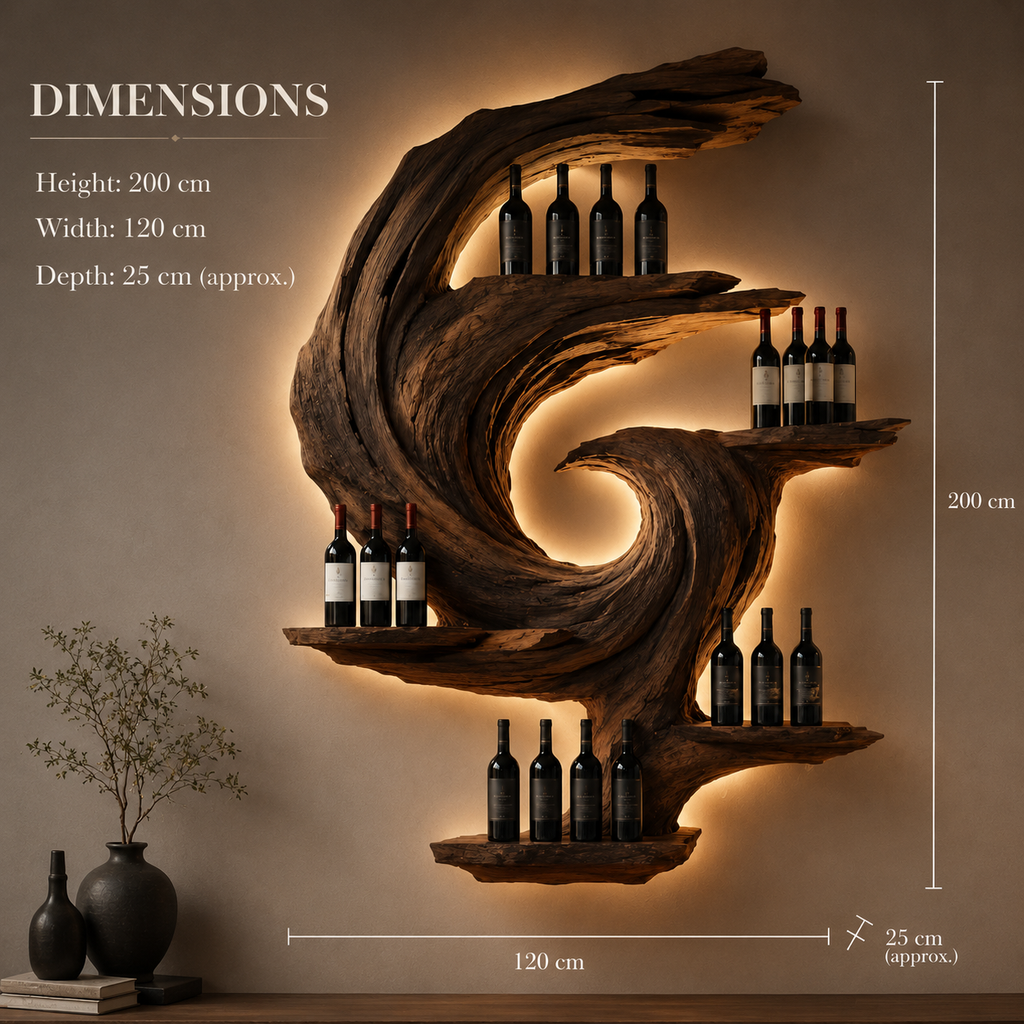 Solid Wood Wall Wine Rack with Glass Holder - Sculptural Flame - product image 10