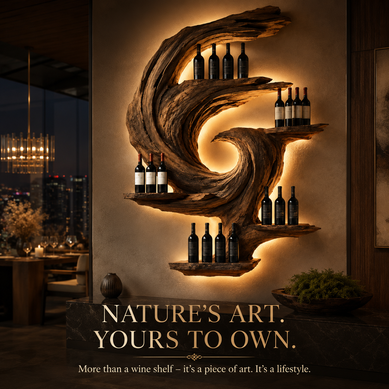 Solid Wood Wall Wine Rack with Glass Holder - Sculptural Flame - product image 11