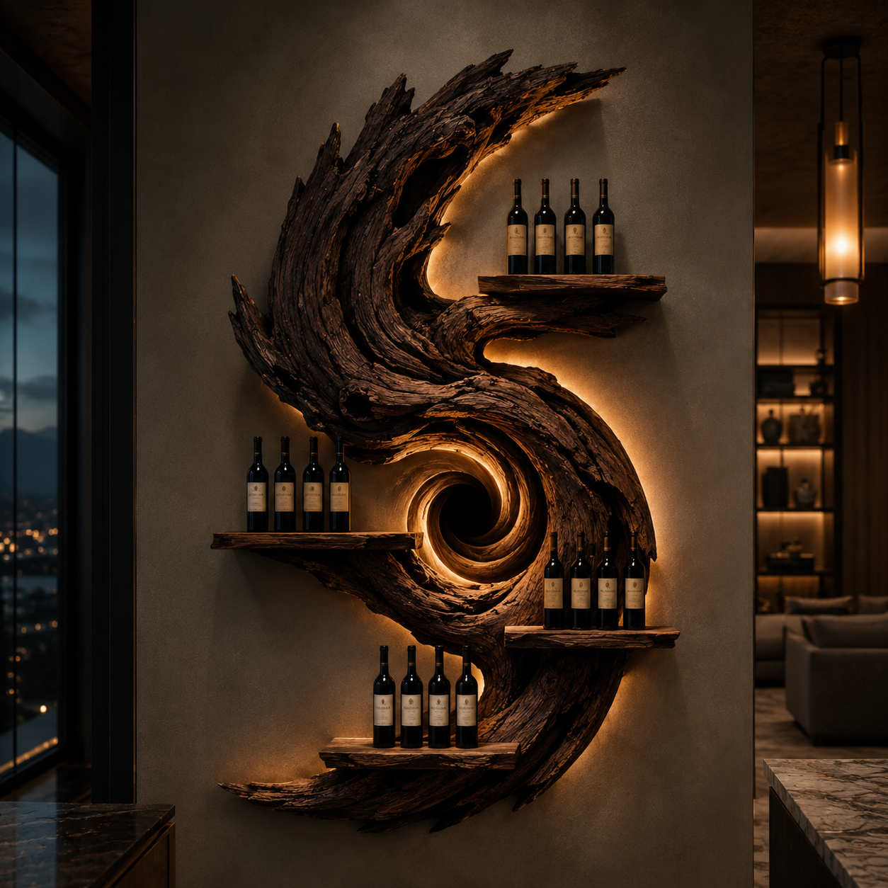 Solid Wood Wall Wine Rack with Glass Holder - Live Edge Gallery - main view
