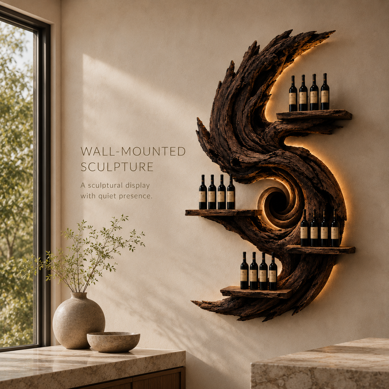 Solid Wood Wall Wine Rack with Glass Holder - Live Edge Gallery - product image 03
