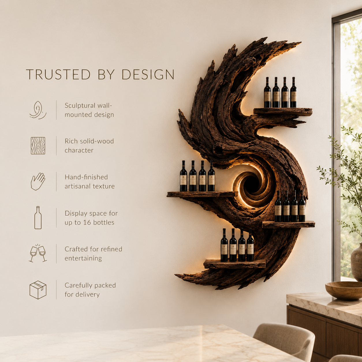 Solid Wood Wall Wine Rack with Glass Holder - Live Edge Gallery - product image 09