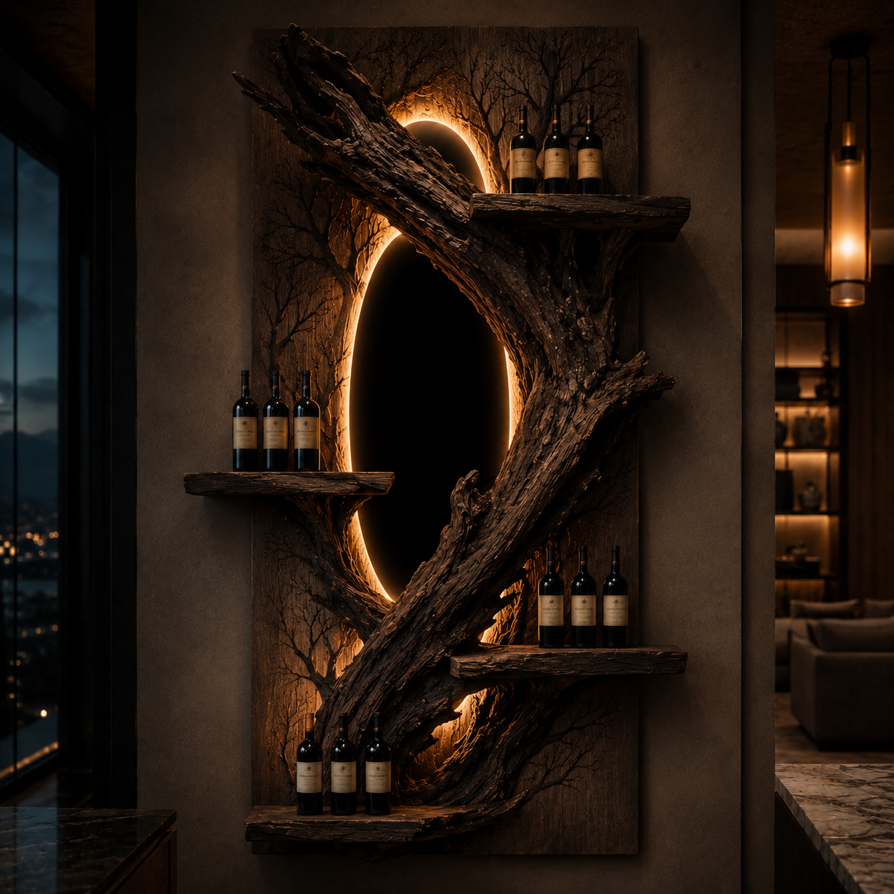 Solid Wood Wall Wine Rack with Glass Holder - Organic Branch - main view