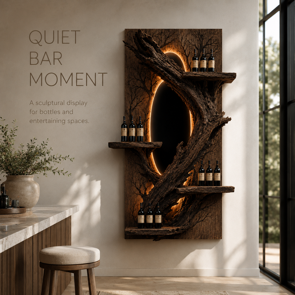 Solid Wood Wall Wine Rack with Glass Holder - Organic Branch - product image 02