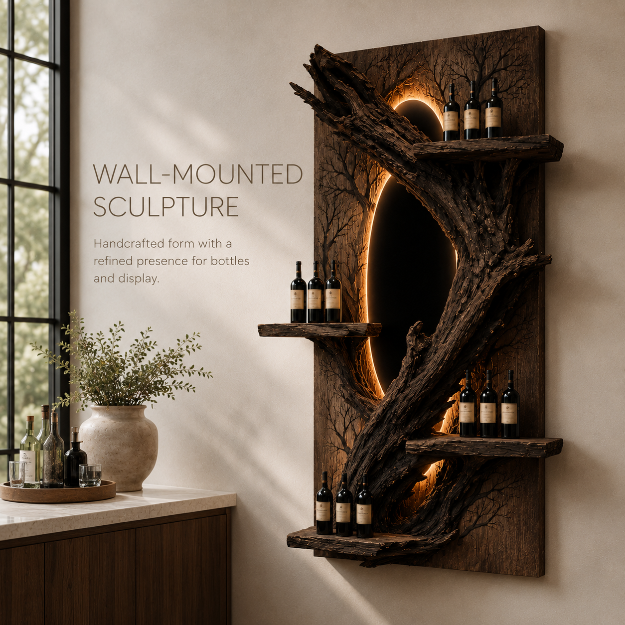 Solid Wood Wall Wine Rack with Glass Holder - Organic Branch - product image 03