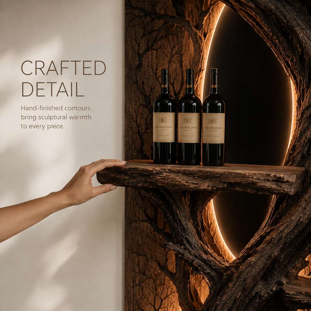 Solid Wood Wall Wine Rack with Glass Holder - Organic Branch - product image 06