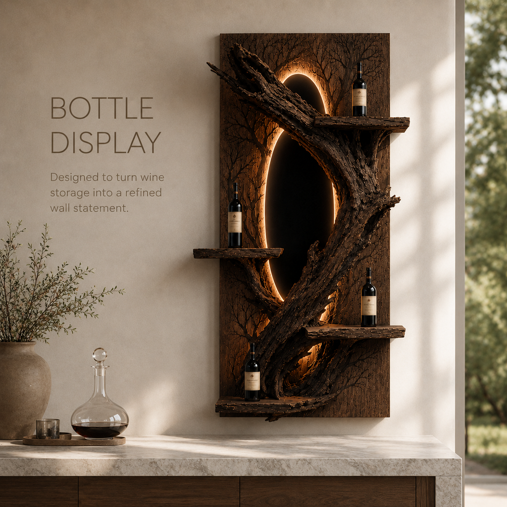 Solid Wood Wall Wine Rack with Glass Holder - Organic Branch - product image 07