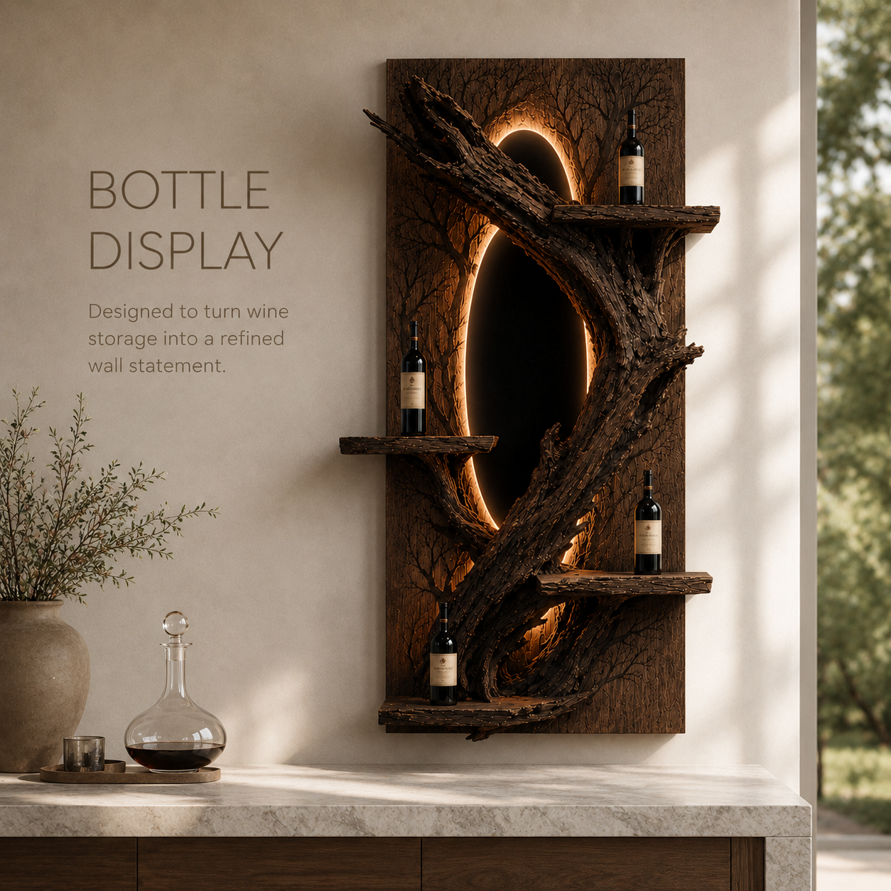 Solid Wood Wall Wine Rack with Glass Holder - Organic Branch - product image 07