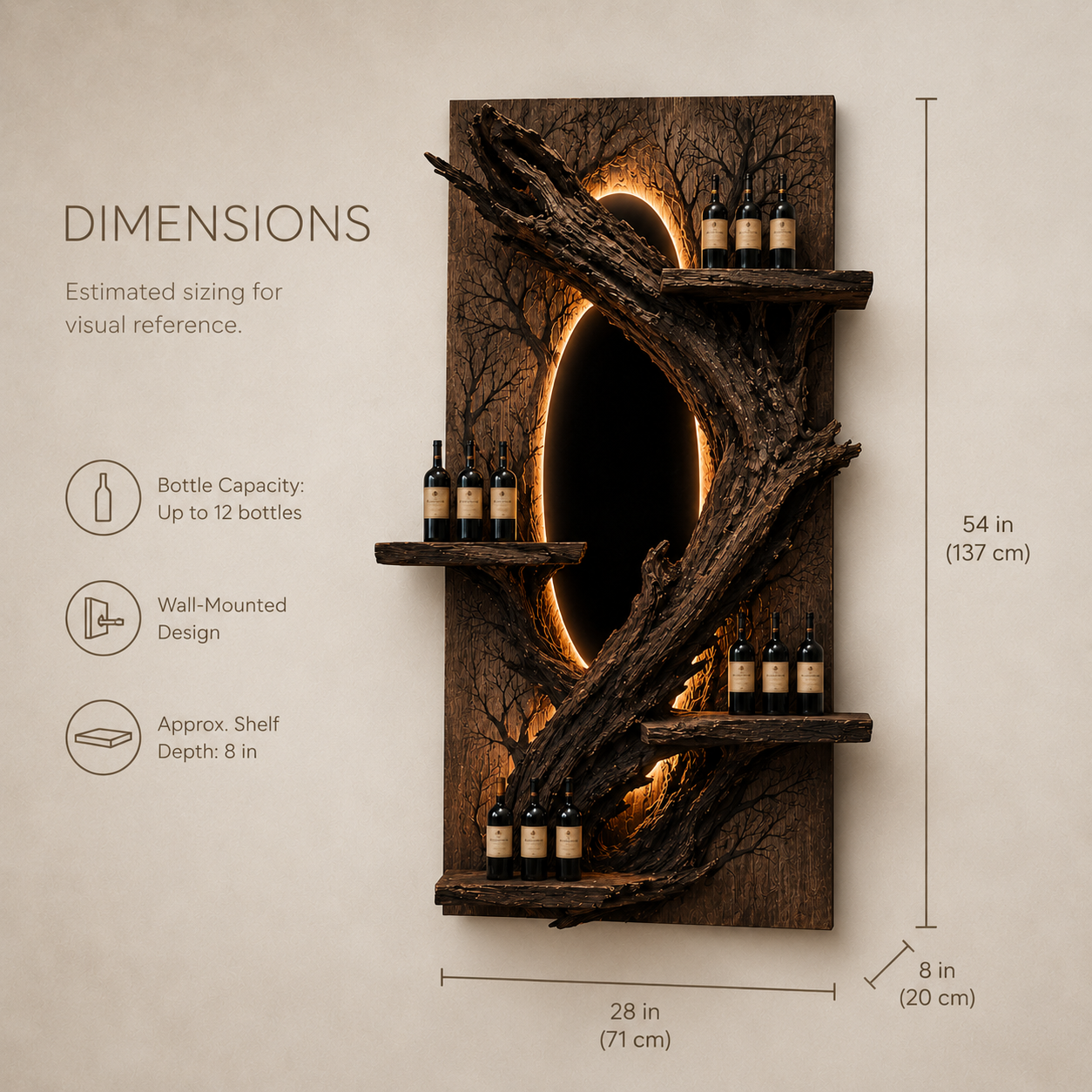 Solid Wood Wall Wine Rack with Glass Holder - Organic Branch - product image 08
