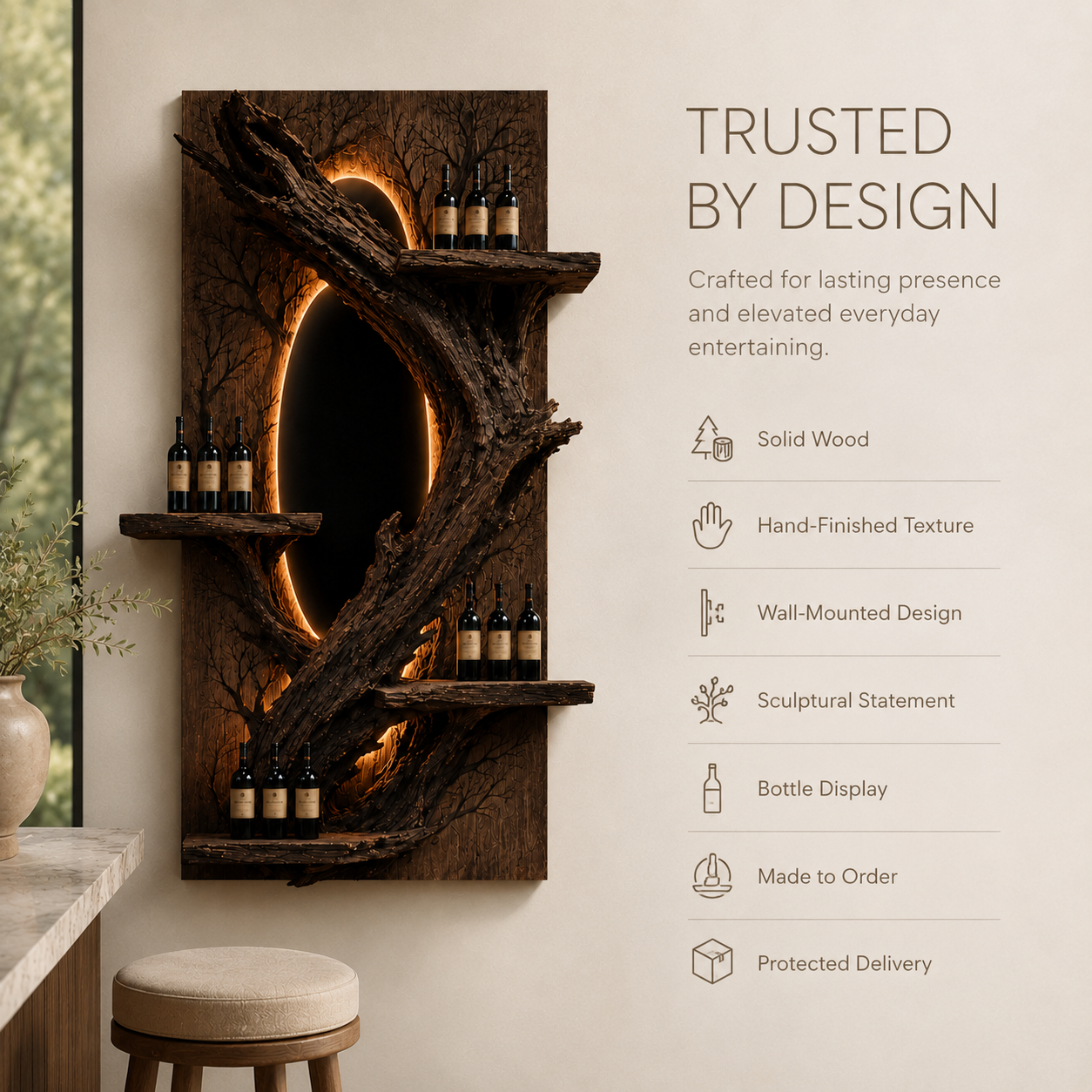 Solid Wood Wall Wine Rack with Glass Holder - Organic Branch - product image 09