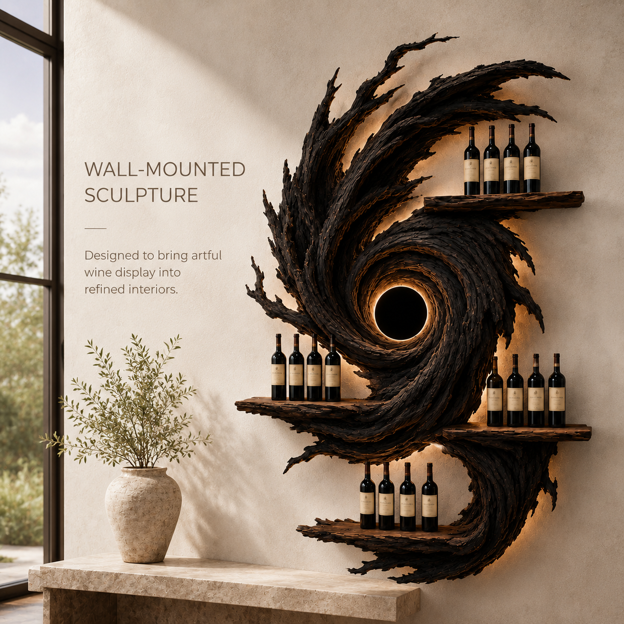Solid Wood Wall Wine Rack with Glass Holder - Crescent Wall - product image 03